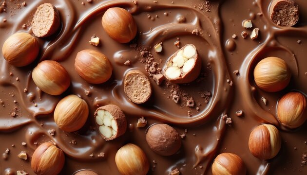 Top view of creamy chocolate hazelnut mix. Smooth melted brown chocolate swirls with whole, broken nuts, crumbs. Delicious sweet dessert spread texture for food advertising. Shows rich indulgent