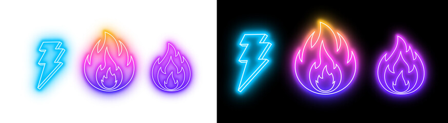 PNG image of Neon lightning bolt and fire icons glow brightly against a perfect for digital designs app interfaces or vibrant website elements and graphics on transparent background