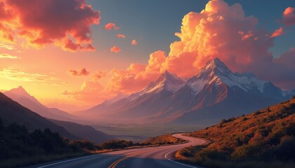 Fototapeta premium Road leads to horizon at sunset with mountains and hills. Warm sun illuminates orange pink clouds and blue sky. Way forward towards travel and journey concepts. Beautiful wild nature.