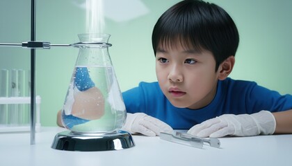 Young Asian boy conducting a science experiment in a laboratory. Curious student observing a chemical reaction in a flask. STEM education and learning concept