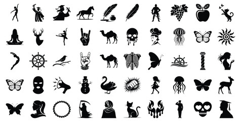 Fototapeta premium Collection of diverse black silhouette icons, featuring animals, symbols, and figures for various design applications