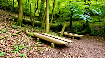 Fototapeta premium Duckboards near Scotton Bridge in Nidd Gorge Woods near Knaresborough, North Yorkshire, Yorkshire