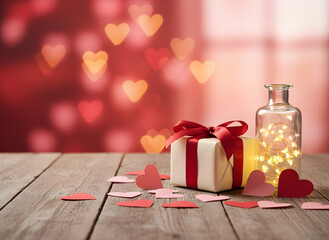 cozy valentine still life with gift box, hearts decor and soft blurred background