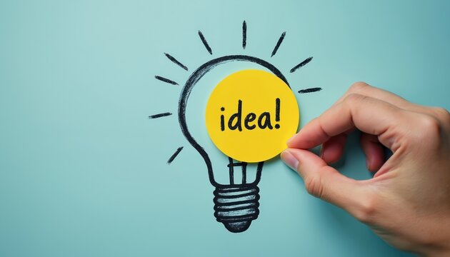 Hand adds yellow circle with idea word to drawn bulb. New creative idea solution concept. Inspiration lamp symbolizes eureka moment and smart mind. Business innovation and problem solving inspiration.