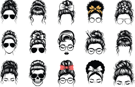 Messy bun svg collection mom life design with different hairstyle and glasses vector illustration for t shirt, print, sublimation