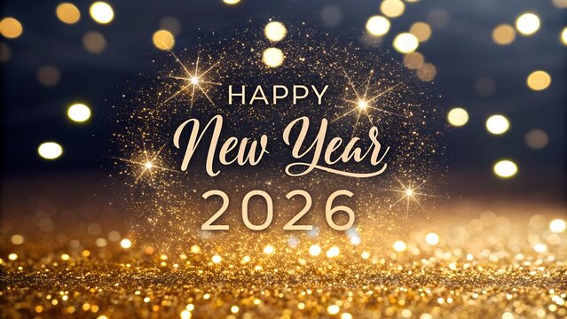 Sparkling gold glitter background with happy new year 2026 wishes celebration - Powered by Adobe