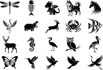 Obraz premium Collection of various animal silhouettes, including birds, insects, mammals, and sea creatures in black and white style