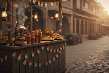indian street tea stall decorated with tricolour flags for republic day celebration