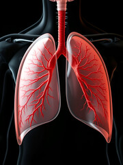Human lungs with visible bronchial tree and blood vessels, illustrated in transparent view