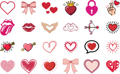 A collection of love and heart themed vector icons, perfect for valentines day designs, featuring various styles and symbols of affection and romance
