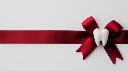 Creative dental gift decoration featuring a white tooth and red ribbon