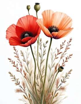 Vibrant red, orange watercolor poppies bloom on white. Dark flower centers stand out. Green stems, dry grass, seed pods form delicate botanical bouquet. Natural growth, spring beauty illustrated by