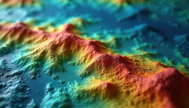 Colorful hydrographic map shows ocean floor relief. Underwater mountains, valleys in red, yellow, green, blue shades. Shows sea depth variations, topography. Map provides detailed seafloor terrain.