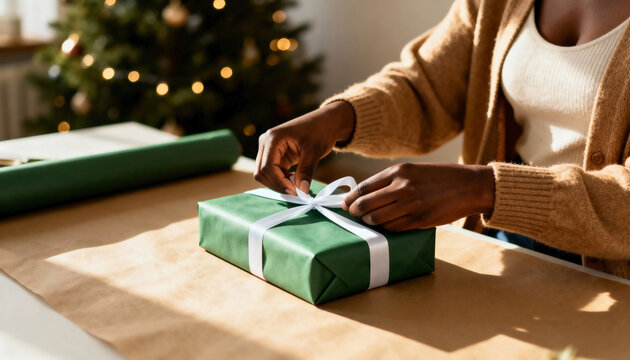 Black woman's hands wrapping a Christmas gift with green paper and a white ribbon. Holiday preparation and celebration concept - Powered by Adobe