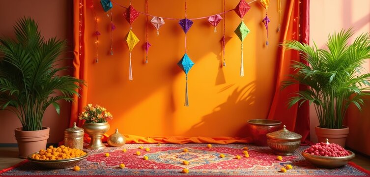 Festive Makar Sankranti photo booth setup. Colorful kites hang on orange background. Treats in bowls, flowers decorate scene. Backdrop suitable for festival themed events in India. Traditional