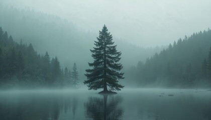Solitary evergreen tree stands in calm lake water. Thick mist blankets tranquil forest landscape with distant hills. Morning fog creates serene, mysterious natural scene. Reflection clearly visible