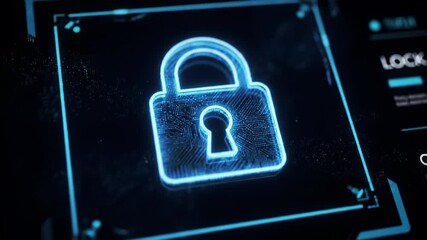 A glowing blue padlock icon overlaid on a black digital interface with other information - Powered by Adobe