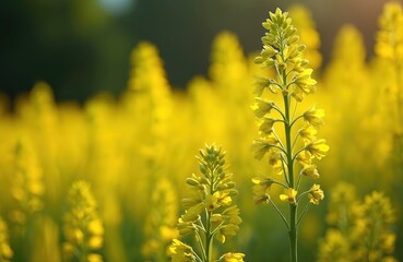 Obraz premium Close up of rapeseed flower in farm field. Yellow canola plants bloom in spring sunshine. Agriculture landscape shows plant growth in summer meadow with blossom.