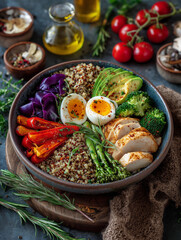 Colorful Fitness Bowls with Quinoa, Vegetables, and Chicken &ndash; Dark Background