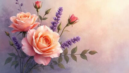 Soft peach roses, elegant purple lavender flowers bloom together in gentle artistic floral arrangement. Delicate blooming roses, unopened buds, green leaves form pretty pastel background design.