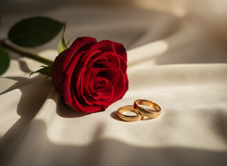 engagement rings beside red rose on silky white background love concept