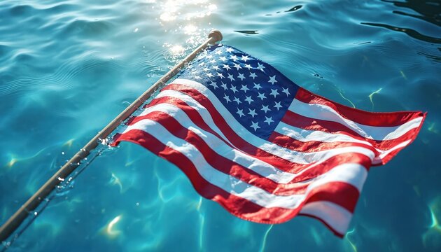 American flag floats with pole on sparkling clear blue water pool surface. Bright sun creates shimmering ripples, reflections. Image Memorial Day, Fourth of July, Labor Day festivities, summer - Powered by Adobe