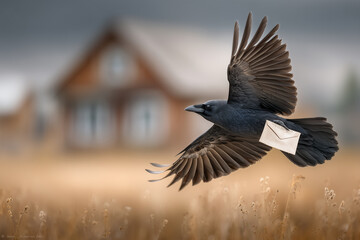 Naklejka premium Fliegender Rabe mit Brief – symbolische Botschaft vor ländlicher Hauskulisse