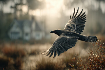 Obraz premium Fliegende Krähe in natürlicher Umgebung – dynamische Wildtieraufnahme