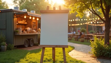 Blank wooden sign on easel in front of food truck. People sit at tables under string lights in outdoor market with green plants. Food truck with lights, menu board in background. Casual dining in