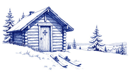 Vintage sketch of cabin in winter landscape with skis by cabin door  