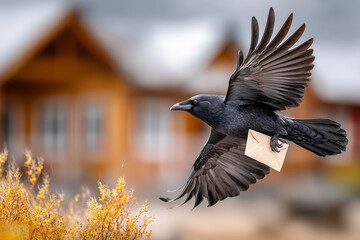Naklejka premium Fliegender Rabe mit Brief – symbolische Botschaft vor ländlicher Hauskulisse