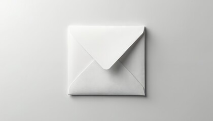 Top view on a white square envelope. Closed paper mail lies on white background. Minimalist elegant stationery for corporate identity. Ideal for business correspondence or wedding invitation concept.