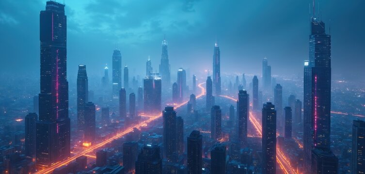 Futuristic city skyline at night with neon lights and glowing roads. Tall modern skyscrapers reach into a misty, dark blue sky. This urban landscape represents innovation and advanced tech.