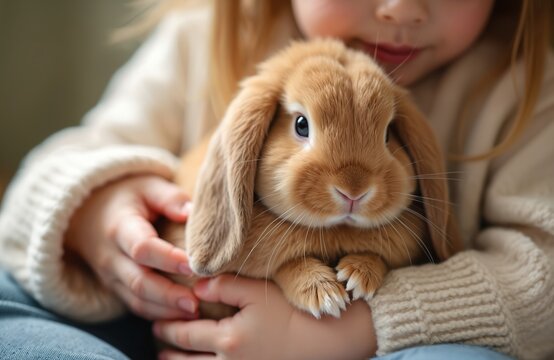 Child gently holds cute red lop-eared rabbit on lap. Child hands caress small bunny. Adorable pet gains trust, shows calm trust. Animal love, tender moment.