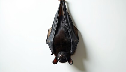 Black bat hangs upside down against clean white background. Large dark wings fold around body. Furry mammal looks directly at camera with big black eyes, showing inquisitive expression. Unique