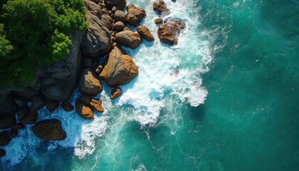 Aerial view shows powerful ocean waves crashing against coastal rocks. Turquoise sea water forms white foam near green cliff, rugged shore. Wild nature beauty from above. Vibrant landscape scenic,