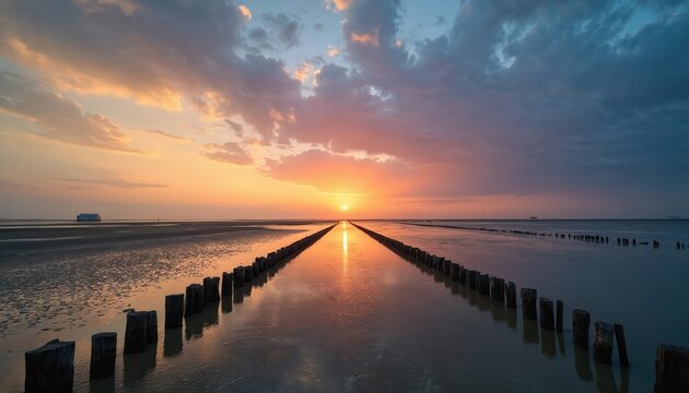 Sunset glow illuminates wide Wadden Sea mudflat at low tide. Long rows of wooden groynes lead eye towards setting sun on horizon. Sky shows orange, pink, blue clouds. Water reflects vibrant colors.
