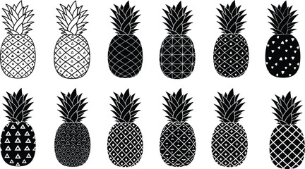 Collection of decorative pineapple silhouettes with geometric patterns, tropical fruit icons, summer designs, black and white pineapple illustrations