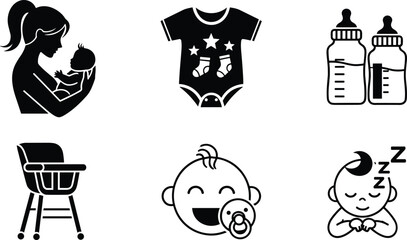 Collection of baby care icons featuring mother holding infant, baby clothes, feeding bottles, high chair, pacifier, and sleeping newborn symbols