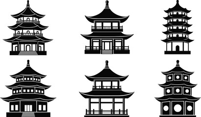 Collection of traditional Asian pagoda silhouettes featuring multi-tiered temples, oriental architecture, historic buildings and cultural landmark designs