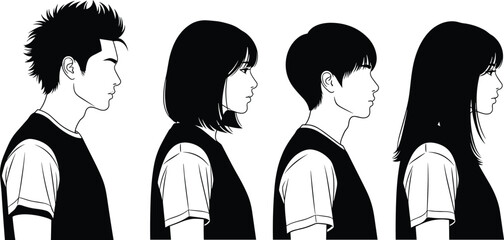 Black and white side profile illustration of young people standing in line, minimal anime style character silhouettes for design and branding © Bappi Creatives