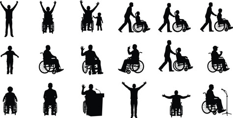 Collection of wheelchair user silhouettes with caregivers, children, speakers, and celebrating poses representing disability inclusion, mobility support, empowerment and care