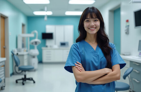 Portrait of smiling asian doctor at clinic. Female medic wears uniform. Professional healthcare worker stands in hospital office with her arms crossed. Clinic interior with equipment behind.
