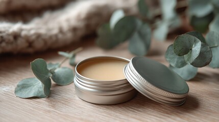 A silver tin of natural balm sits beside eucalyptus leaves on a wooden surface, embodying a soothing and organic aesthetic.