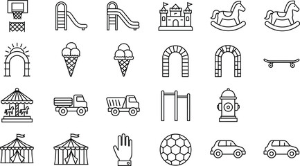 Playground and amusement park icon set featuring slides, ice cream, swings, circus tents, toys, vehicles and outdoor fun elements in line style
