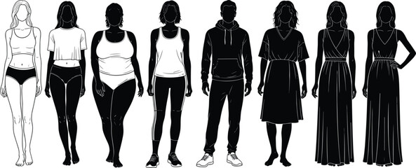 Diverse human body silhouettes showing different body types, fitness shapes, clothing styles and gender variations for fashion, health and illustration design needs