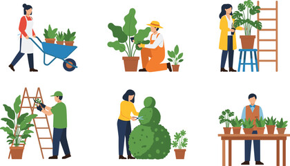 Gardening, people, caring, for, plants, illustration, gardeners, working, outdoors, trimming, watering, potting, greenery, horticulture, tools, nature, landscaping, plant, maintenance, activity © Bappi Creatives