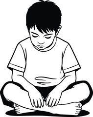 Child, sitting, cross-legged, thoughtful, quiet, boy, illustration, peaceful, calm, resting, alone, outline, vector, youth, contemplation, simple, pose, childhood, drawing, artwork