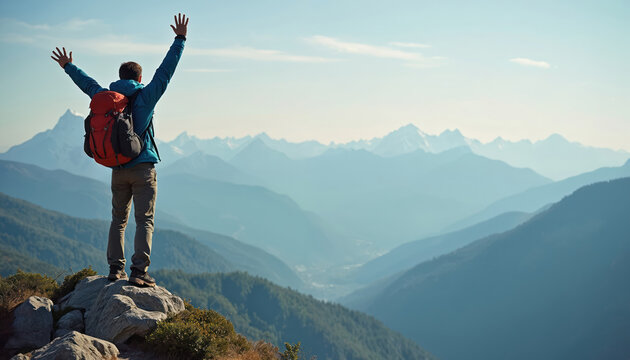 Man hiker stands with backpack on top of mountain. He reached peak and enjoys nature scenery. Person celebrates success. Adventure travel gives freedom. Exploration in mountain brings wellness.