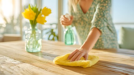 Woman is cleaning a table with a yellow cloth. She is wiping the table with a cloth and spraying a cleaning solution on it